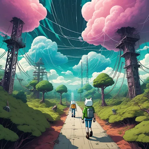 Prompt: Internet cloud security adventure illustrated as a graphics design in the style of adventure time, wide angle shot, full body android 18 from dragon ball z walking away while fighting sparked RGB coloured power cables in the distance, scenery is a oceanic space matrix forest in the clouds cyber punk era, trees morphing into matrix code