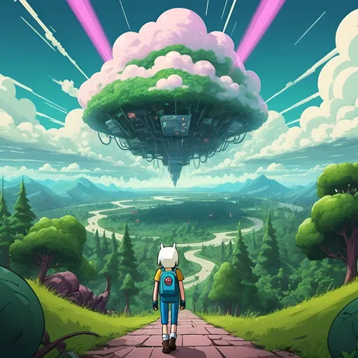 Prompt: Internet cloud security adventure illustrated as a graphics design in the style of adventure time, wide angle shot, full body android 18 from dragon ball z walk away in the distance, scenery is a lush forest in the clouds cyber punk era