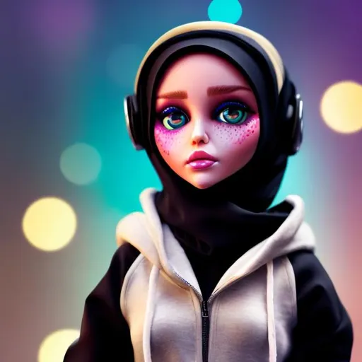 Prompt: A blatz doll wearing hijab with headphones on and also wearing a black hoodie with K initials
