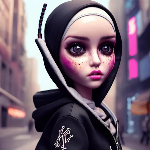 Prompt: Blatz doll wearing hijab with headphones and a black hoodie with K initials, realistic 3D rendering, detailed facial features, high quality, urban street style, cool tones, dramatic lighting, modern, 3D rendering, hijab, hoodie, detailed facial features, urban style, realistic, cool tones, dramatic lighting