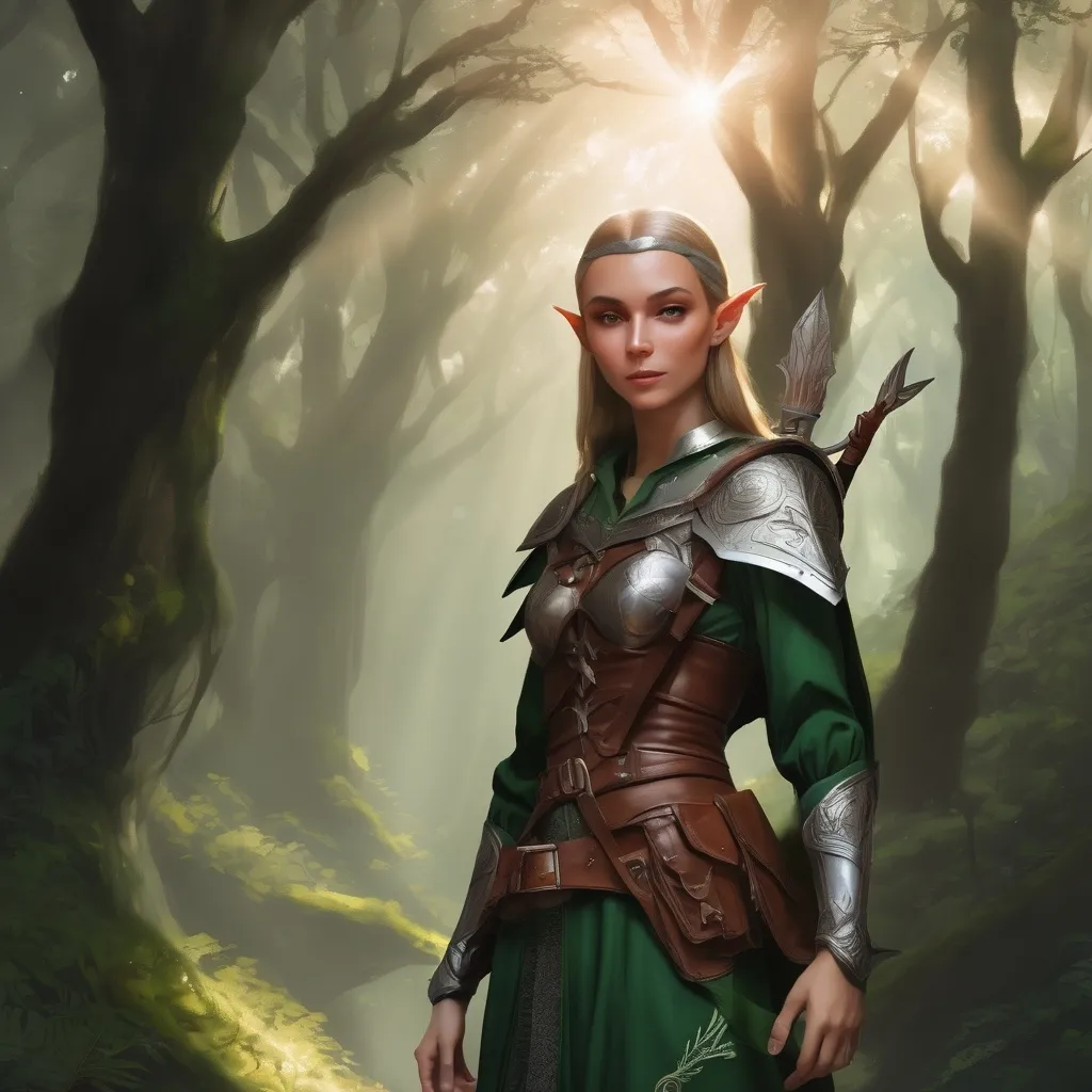 Prompt: Elf ranger in a mystical forest around sunlight