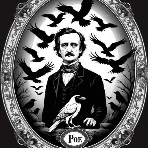 Prompt: Edgar Allen Poe with ravens around his head black and white oval background white light for t-shirt 