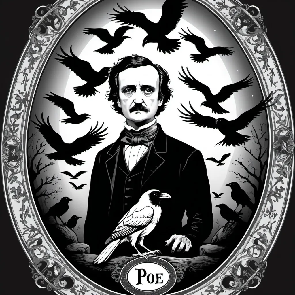 Prompt: Edgar Allen Poe with ravens around his head black and white oval background white light for t-shirt 