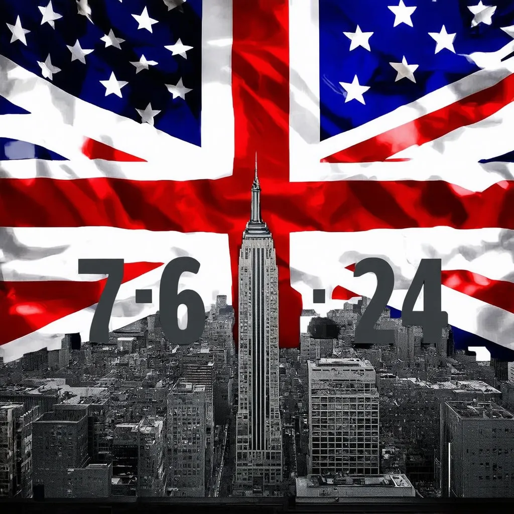 Prompt: American and British flags merged together in background,  with a dark silioutte of the New York City sky line in front. With the date 7/6/24 ing light gray,  centered within the silioutte of the sky line.