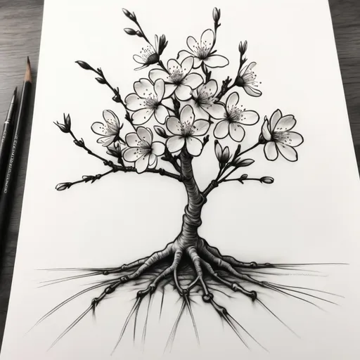 Prompt: Charcoal sketch of a cherry blossom with roots
