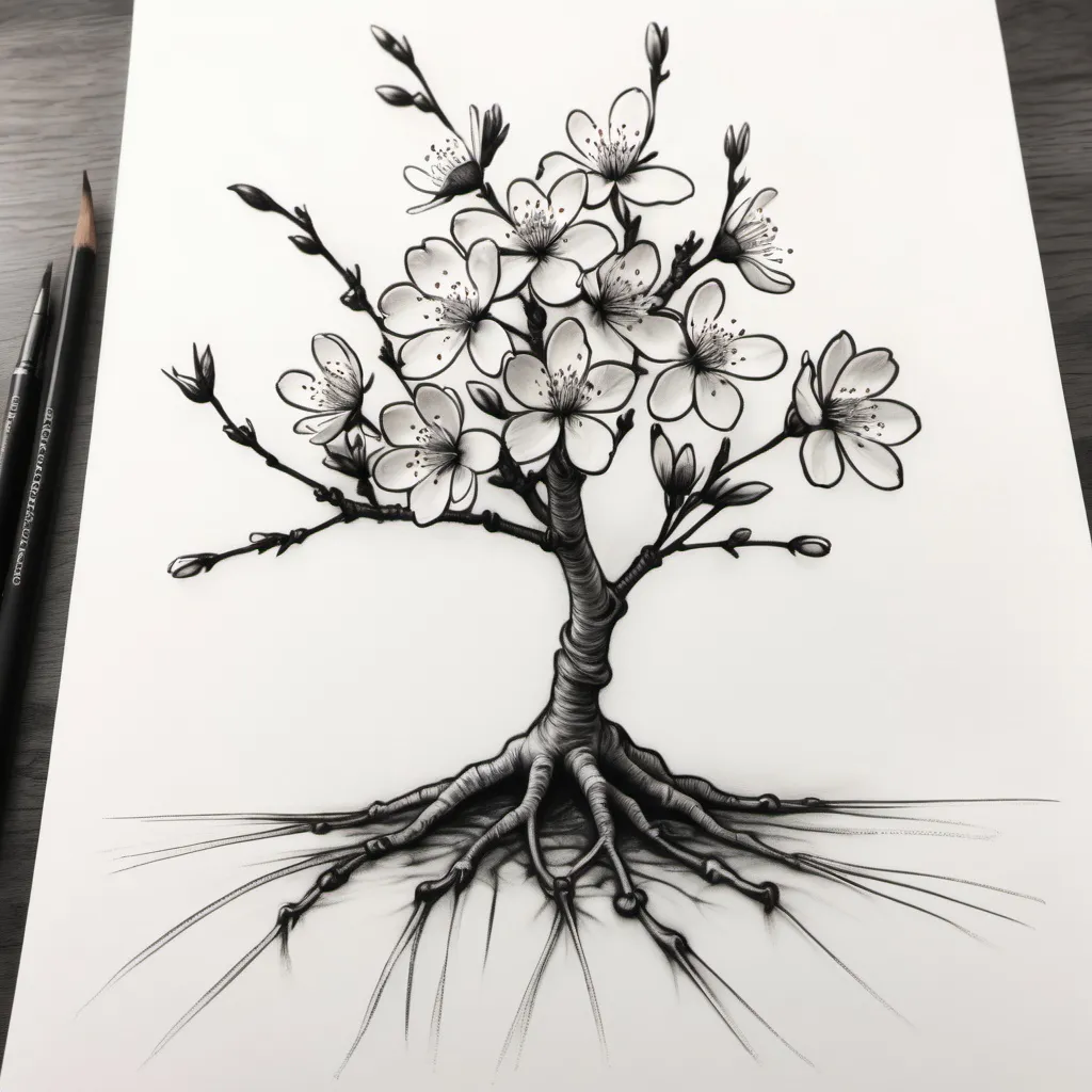 Prompt: Charcoal sketch of a cherry blossom with roots
