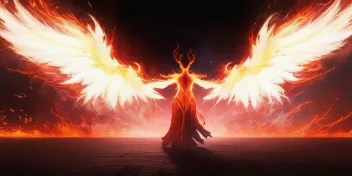 Prompt: Amidst a swirling inferno of bright reds and oranges, a powerful figure stands with arms outstretched, embodying the essence of fire as dynamic flames sprout from their sides, forming large, wing-like shapes. Clad in dark clothing, the character’s silhouette is stark against the vibrant backdrop, where glowing embers and smoky tendrils dance in the air, setting an otherworldly scene that hints at magic and chaos. In their right hand, a staff topped with a glittering ornament adds an air of authority, suggesting they possess control over the fiery display around them. The surrounding landscape is rough, with a towering dark monolith looming in the background, accentuating the dramatic mood, while a starry night sky serves as a mysterious canopy overhead, enhancing the overall intensity of the depiction. This striking image conveys a sense of raw power and ethereal beauty, capturing a moment poised between creation and destruction.