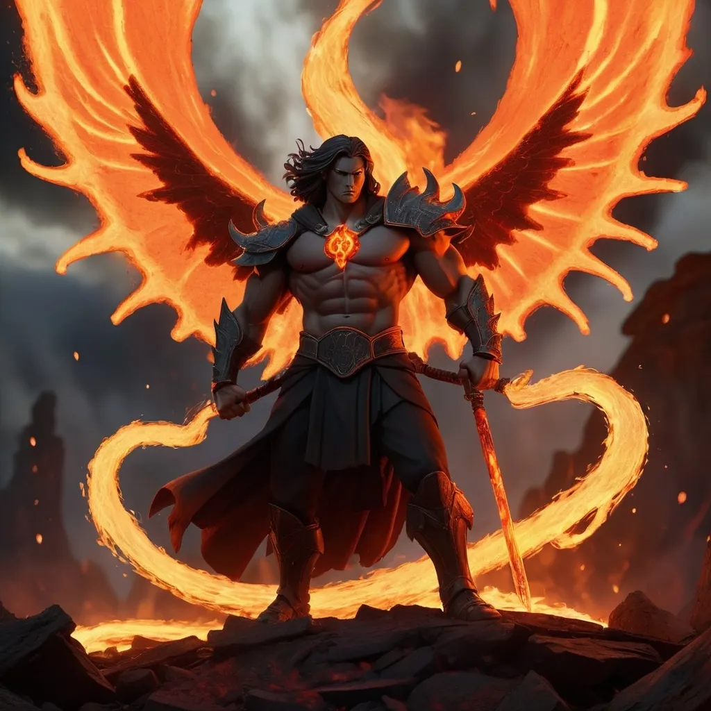 Prompt: "A powerful warrior stands in a dramatic, fiery landscape, surrounded by swirling embers and intense flames. He wields a glowing trident, crackling with divine energy, while his silhouette is illuminated by an enormous pair of flaming wings extending from his back. The warrior’s stance is strong and commanding, with his arms outstretched, harnessing the power of fire. His dark attire contrasts with the burning red and orange flames that dominate the scene. The background features a towering monolithic structure, shrouded in darkness, adding an aura of mystery and ancient power. The ground is scorched, with smoke and sparks rising, creating a supernatural and apocalyptic atmosphere. The warrior exudes an unstoppable, god-like presence, embodying the force of destruction and fire."