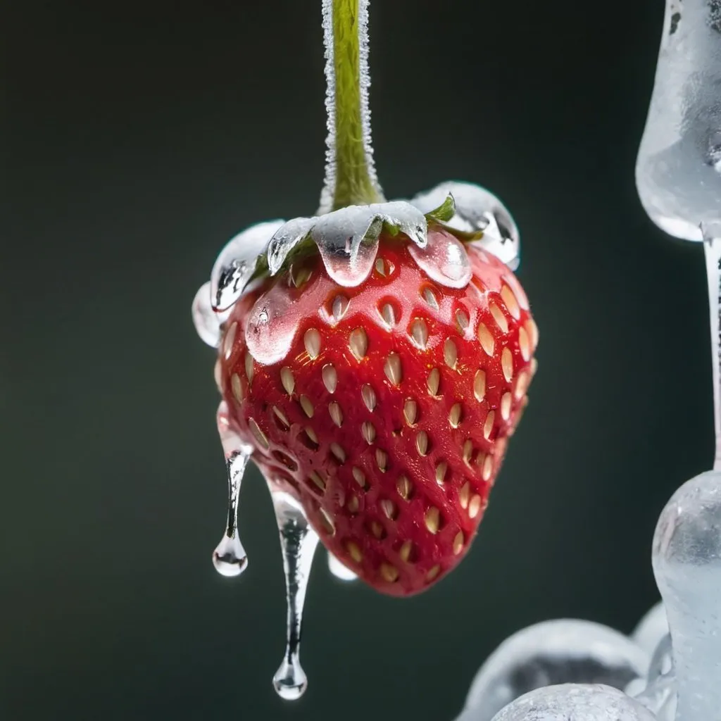 Prompt: Single frozen strawberry with icicles