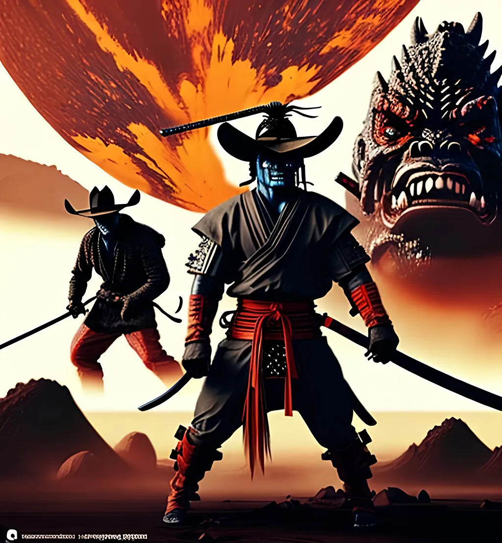 Prompt: cowboy samurai fighting oni vampires on a volcanic planet, retro scifi, gore, dark, lots of depth