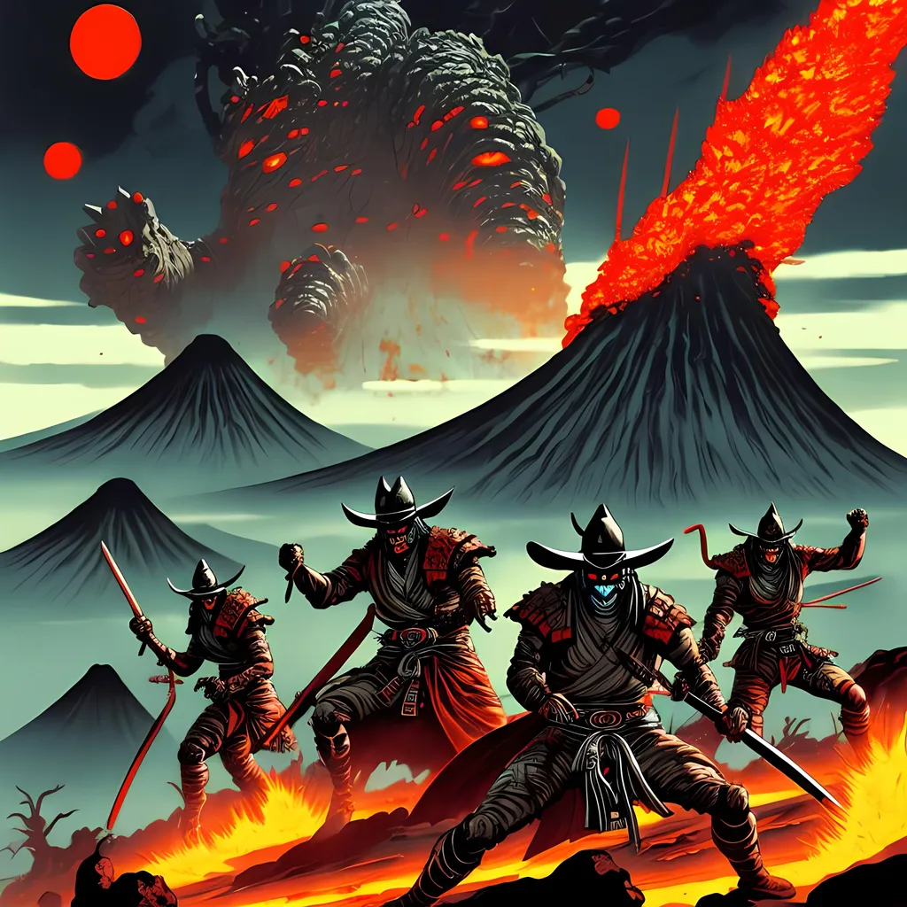 Prompt: cowboy samurai fighting Oni vampires on a volcanic planet, retro sci-fi art, gore, dark, volcanos erupting in background