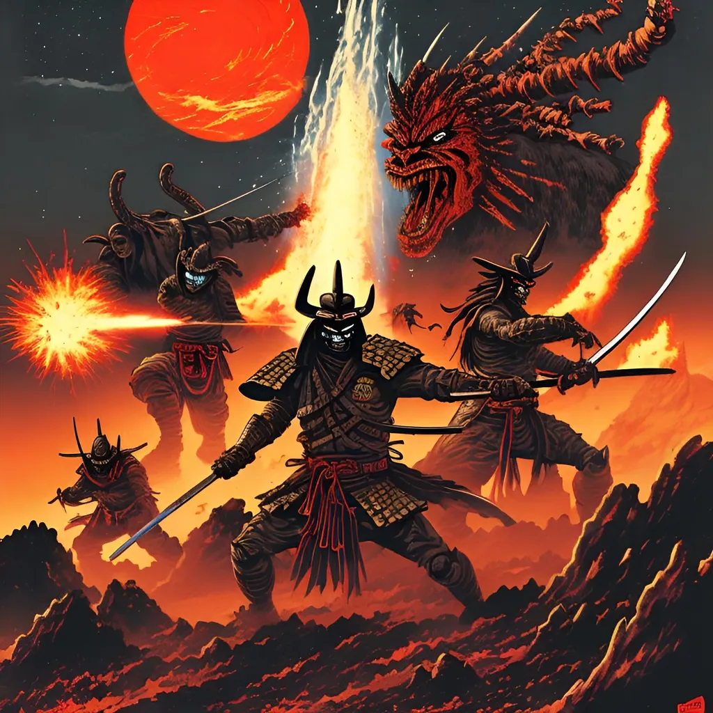 Prompt: cowboy samurai fighting Oni vampires on a volcanic planet, retro sci-fi art, gore, dark, volcanos erupting in background