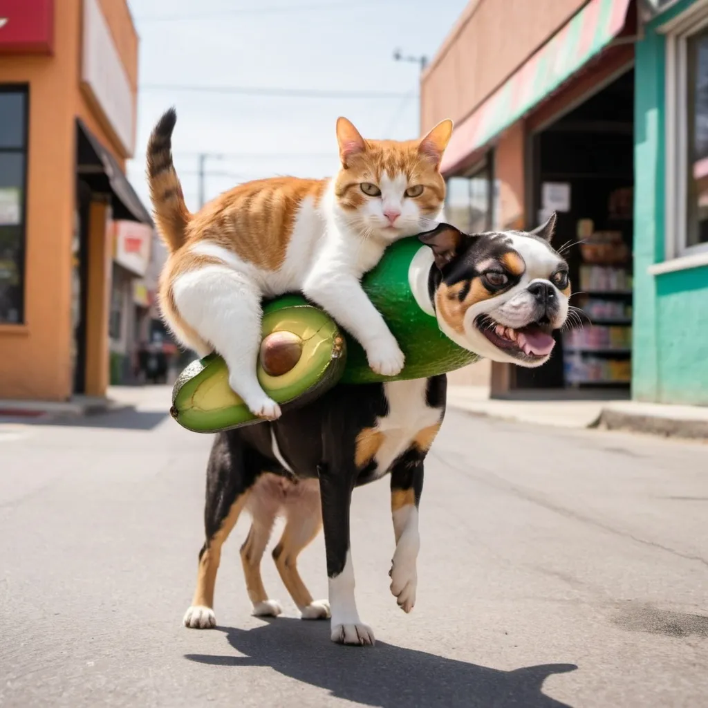 Prompt: a dog giving a cat a piggyback ride to the store to buy avocado on cinco de mayo