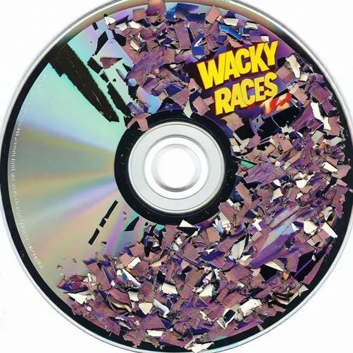 Prompt: photo of a video game wacky races, on a fractured cd disk shredded fractured crumbled crushed