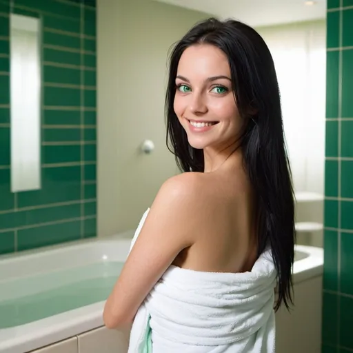 Prompt: A 32 years old slim and attractive woman , long black straight hair, dark green eyes, standing in a rich bathroom, geeting ready for a bath,wrapped in a towel, with her back to the camera, looking behind, and smileing very attractive