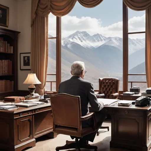 Prompt: looking at the back of a man in his sixties sitting behind his desk in a stylish classical office, overlooking the mountains