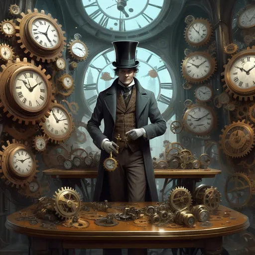 Prompt: a man in a top hat and coat standing on a table surrounded by clocks and gears in a surreal setting, Alejandro Burdisio, fantasy art, steampunk, computer graphics