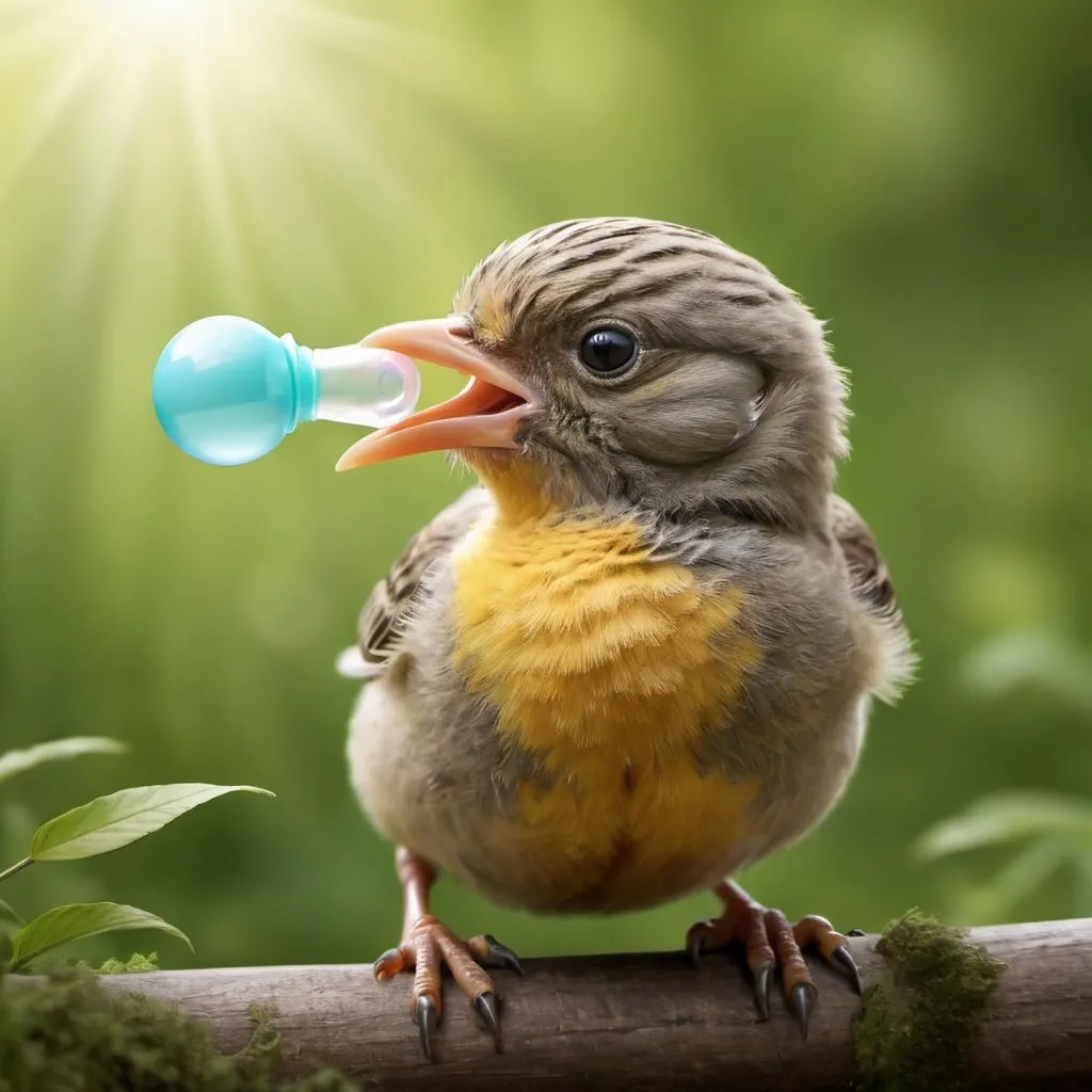 Prompt: A realistic young bird using a baby pacifier in it’s mouth in the nature