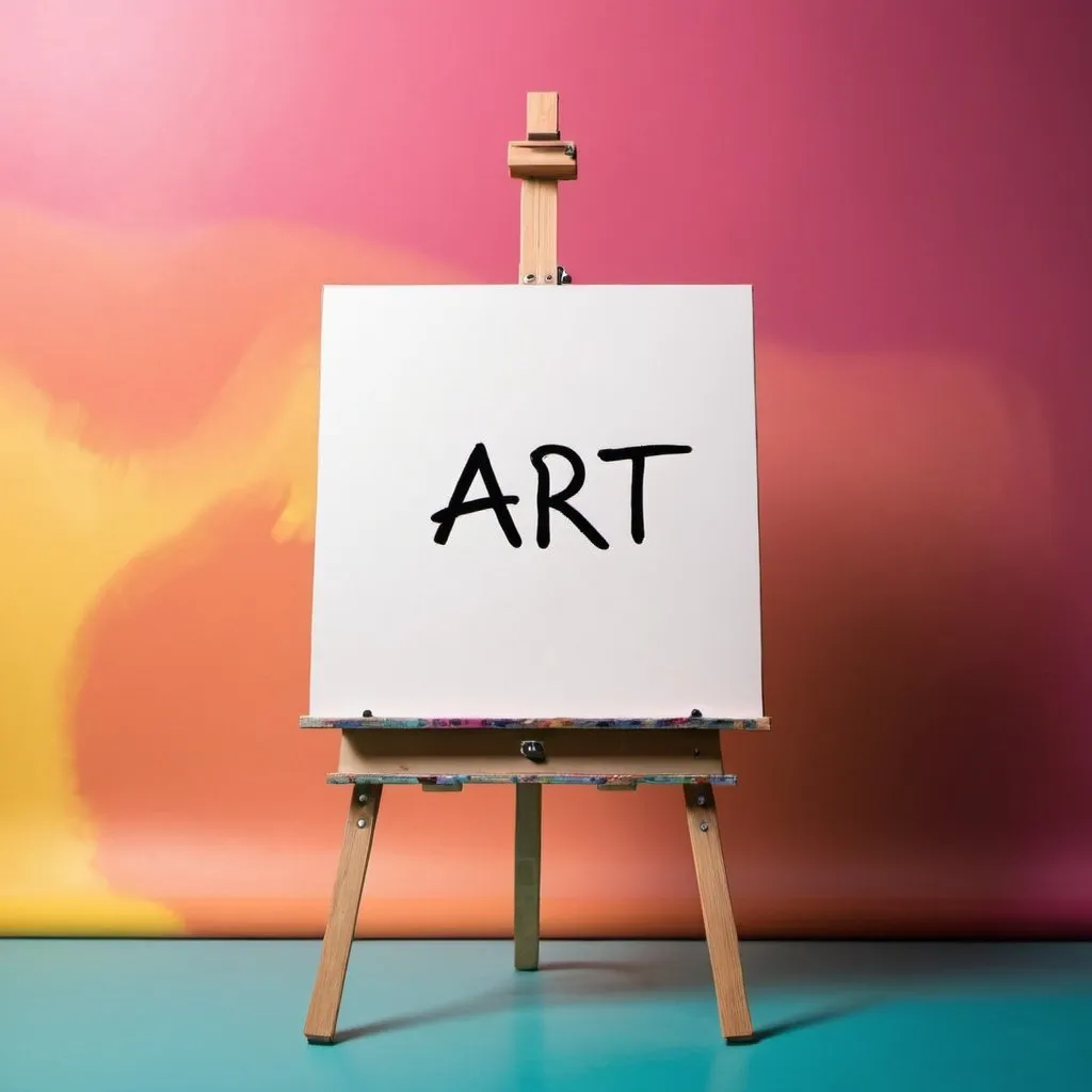 Prompt: a blank canvas with the words art on it on an easel against a coloured backdrop