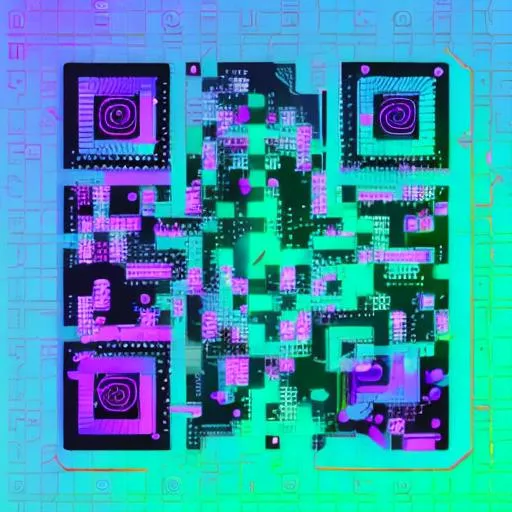 Prompt: 3D QR code, cybernetic style, circuit board pattern, integrated glowing robot components, chrome accents, depth of field, realistic textures, vibrant neon blue and purple light, technical diagram elements, floating data bits, macro shot, volumetric rendering