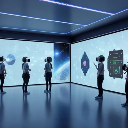Prompt: create an 3D illustration of a VR room with the following features: "Space: Spacious and airy, with a predominantly white and blue color scheme". "VR System: Modern VR system, featuring high-quality VR glasses". "Learning Area: Divided into separate areas allowing students to stand and experience VR comfortably in a standing position. Display Screen: A large screen located in the center of the classroom, displaying lesson content, information about VR games, or illustrative images and adding a Glass wall. students are  all standing.