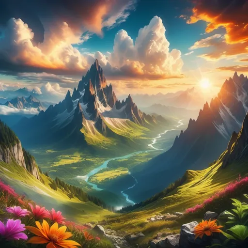 Prompt: Adventure-themed landscape, breathtaking mountains and lush valleys, vivid scenery, dynamic clouds rolling across the sky, warm sunlight reflecting off towering peaks, evoking a sense of wanderlust, thrilling outdoor exploration, vibrant flora, expansive horizon, captivating colors, inspiring atmosphere, ultra-detailed, photography-quality image, inviting the viewer into a world of travel and adventure.