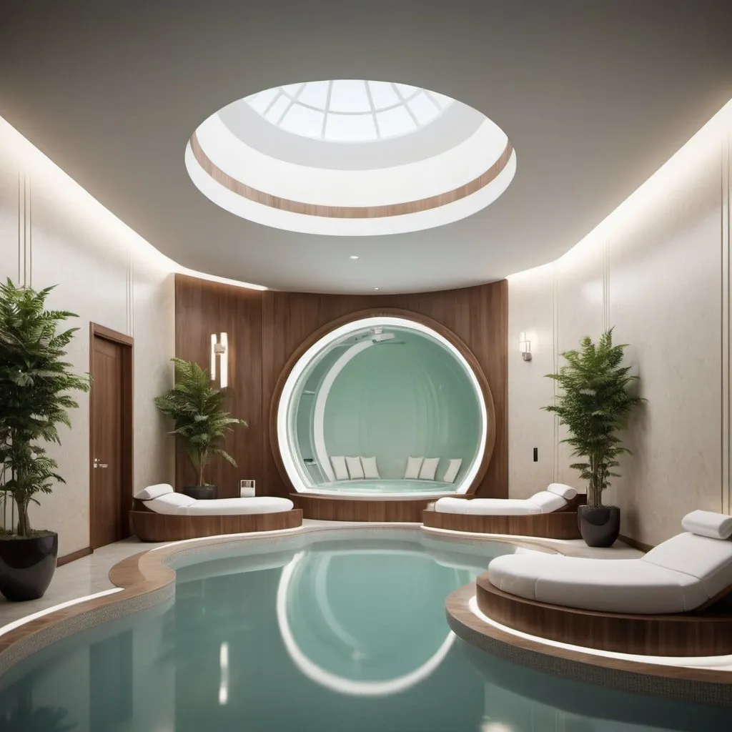 Prompt: Create a 3D render of a luxurious hotel featuring hyperbaric chamber rooms and relaxation spaces, inspired by the serene and elegant ambiance of QC Terme spas. The design should incorporate natural elements such as flowing water, lush greenery, and soft lighting. The hyperbaric chamber rooms should blend seamlessly with the overall aesthetic, featuring modern yet comfortable furnishings and soothing color palettes. Emphasize the tranquility and rejuvenation of the space, ensuring it feels both high-end and welcoming.