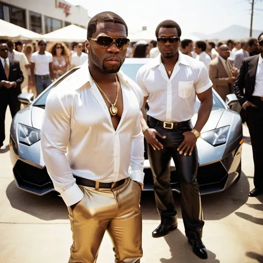 Prompt: 50 cent, 1980, jazz singer, silk shirt, leather pants, shiny shoes, lamborghini, 2 ladies in background, sunglasses, sunny sky, curly hair, panavision, RAW photo, night club, gold rings, overhead shot



















