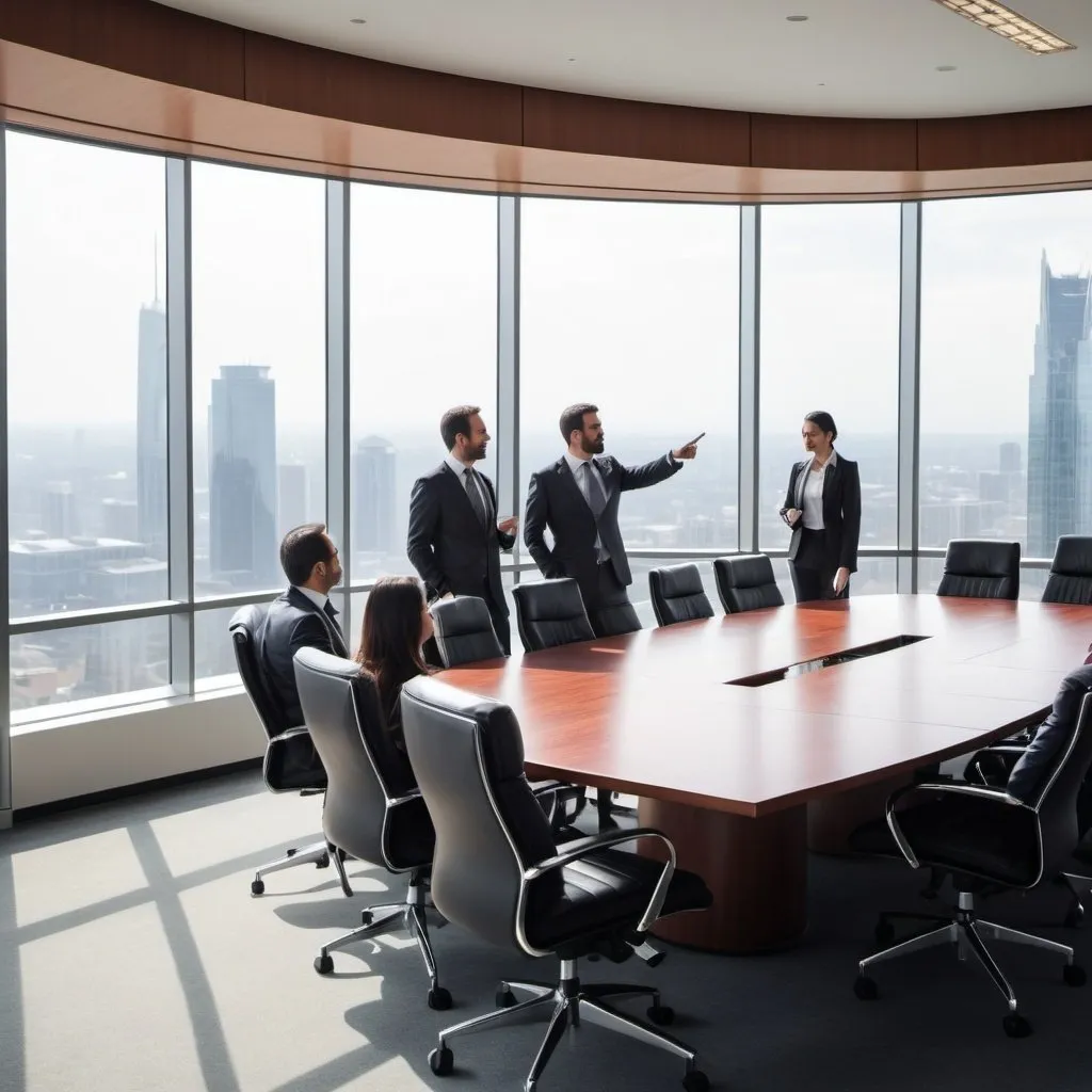 Prompt:  boardroom, big table, city views, cherrywood, people, discussing, pointing, shouting, corporate attire, conference room, high-rise building, business meeting, executive, daylight, panoramic windows, modern architecture, business strategy, professional, multicultural, dynamic interaction, RAW photo





