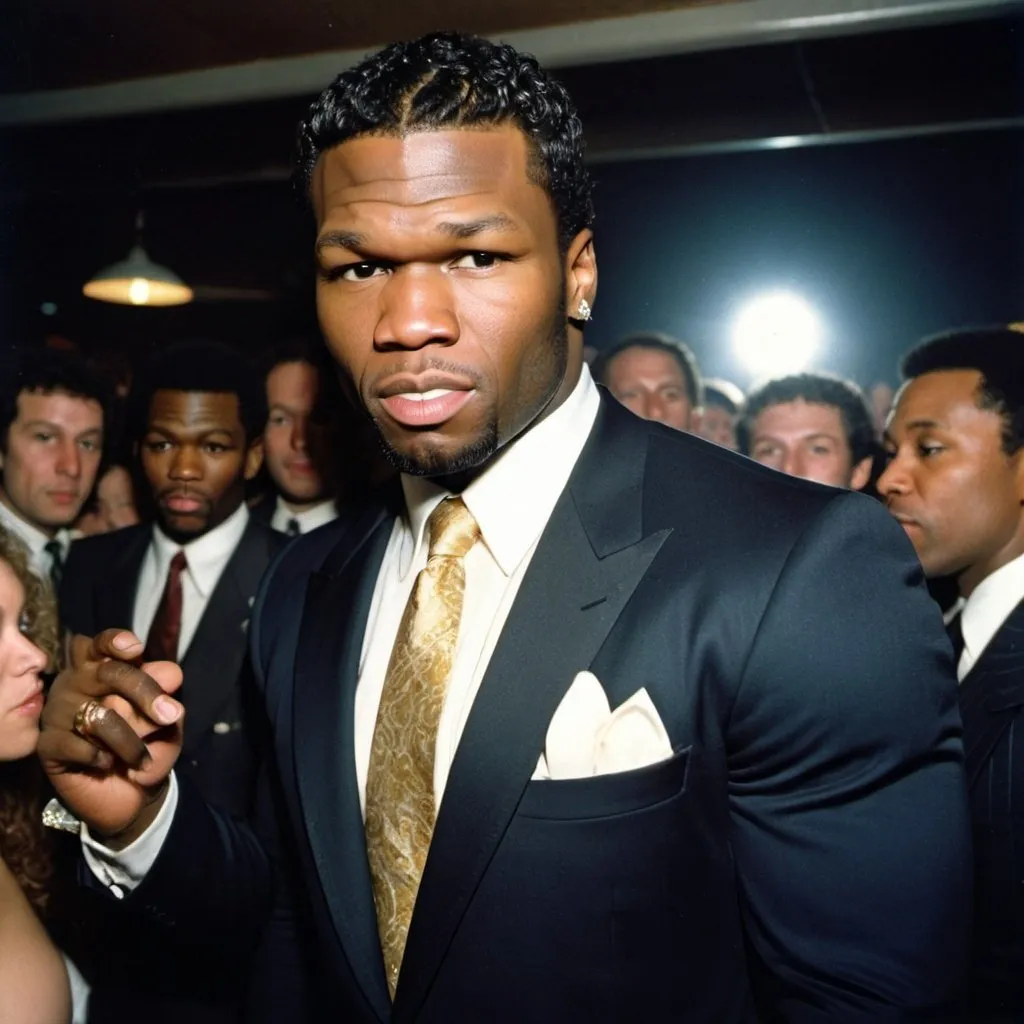 Prompt: 50 cent, 1980, jazz singer, suit, tie, curly hair, panavision, RAW photo, night club, gold rings









