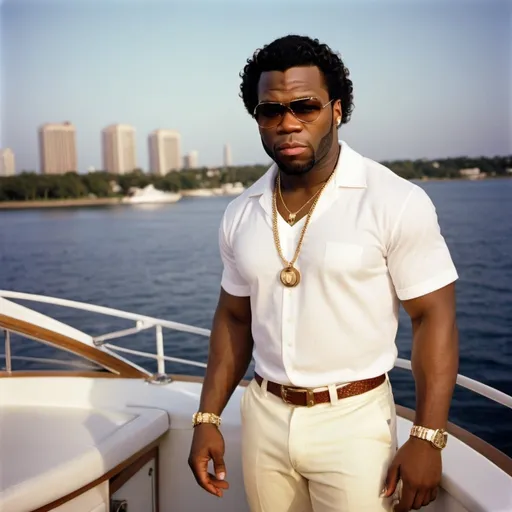 Prompt: 50 cent, 1980, jazz singer, light shirt, light pants, boat shoes, yacht, pretty ladies, sunglasses, sunny sky, curly hair, panavision, RAW photo, night club, gold rings



















