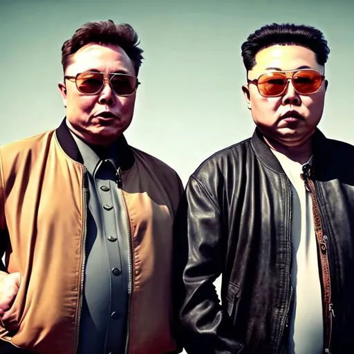 Prompt: Portrait of Elon musk and Kim jong il both wearing bomber jackets and cowboy hats 