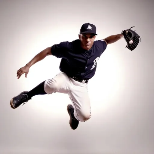 Prompt: Baseball player jumping to camera with baseball glow, top view, studio shot