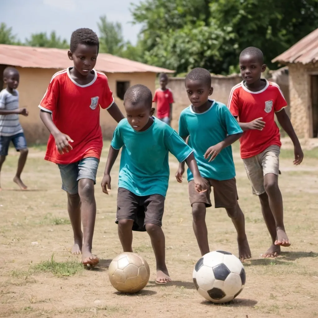 Prompt: les  enfants entrain de jouer le football au village