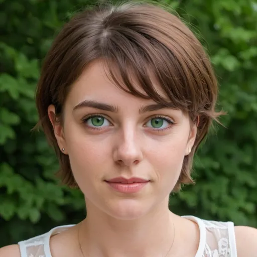 Prompt: 25 year old young white European woman with sleeveless blouse white, green eyes, short brown hair 