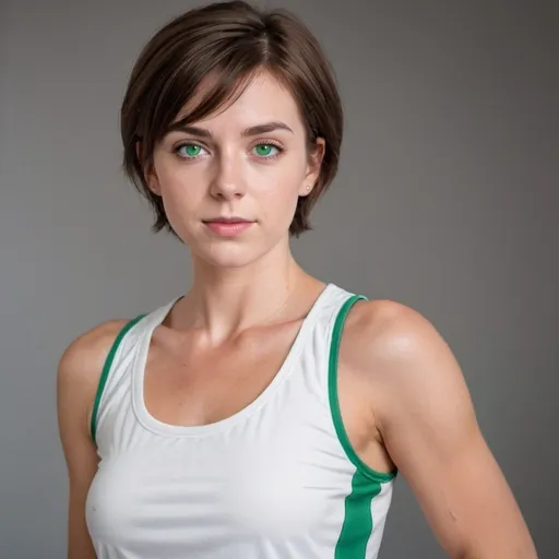 Prompt: 25 year old young white European woman with sleeveless blouse white, realistic green eyes, short brown hair, full body image, model body, gym clothes 