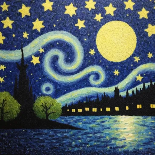 Prompt: Can you combine "A sunday afternoon on the island of LA Grande JAtte" and "the starry night"? Using stipple method on "the starry night"