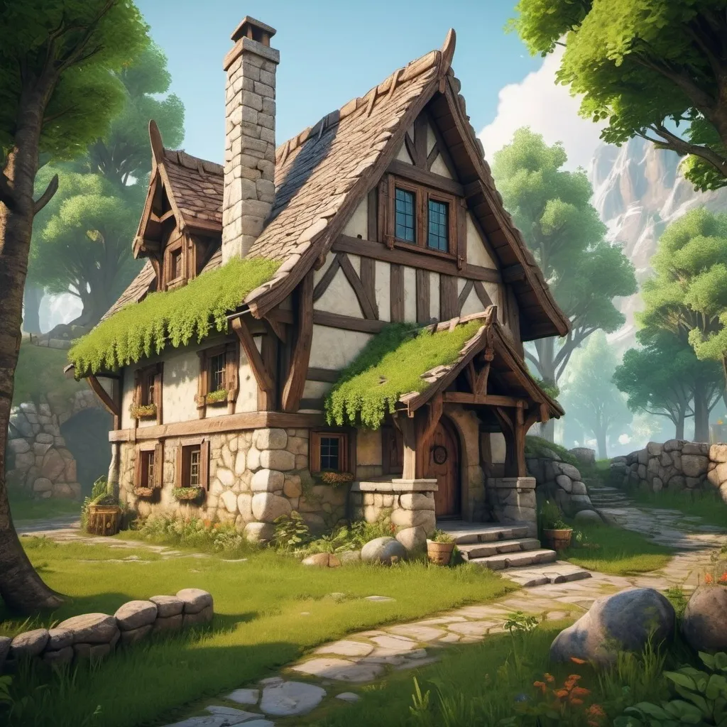 Prompt: A small house in a medieval style using stone and wood in the style of the walheim game 