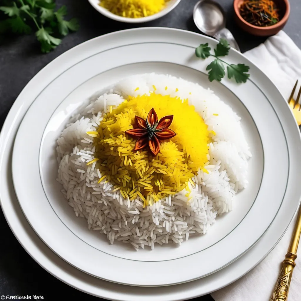 Prompt: View of an Iranian white rice dish slightly decorated with saffron rice on a white ceramic plate.