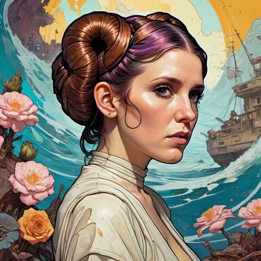 Prompt: punk rock Princess Leia Birth of Venus scene! Borderlands: paper marbling! Oil splash!! Oil stained!!", intricate hyperdetailed fluid gouache illustration by Android Jones: By Ismail Inceoglu and Jean Baptiste mongue: James Jean: Erin Hanson: Dan Mumford: professional photography, natural lighting, volumetric lighting maximalist photoillustration 32k resolution concept art intricately detailed, complex, elegant, expansive, fantastical