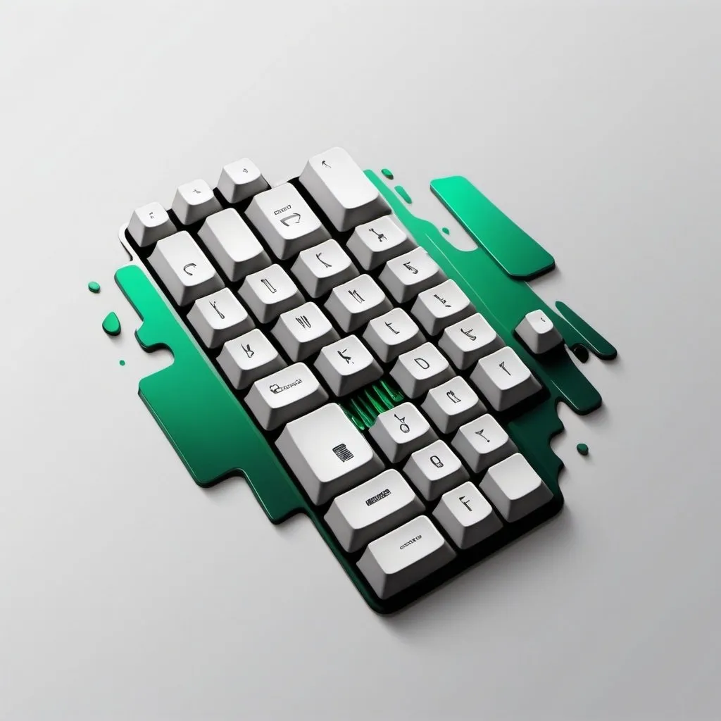 Prompt: Simplistic, vectorial logo design of a broken-apart keyboard, greyscale with emerald green accents, clean lines, minimalistic, modern, high quality, detailed keys, professional design, minimal color palette, sleek, precise lines, intricate details, technology-inspired, dynamic composition, top quality. Avoid using letters.