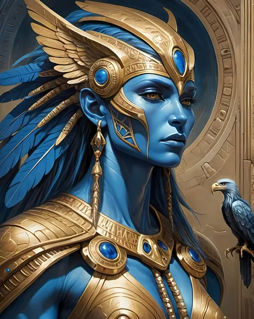 Prompt: Ancient Annunaki alien beings, sumerian giants, Artgerm style, fantasy art, detailed oil painting, high resolution, fantasy, intricate details, blue skin aliens with gold adornmnents, full body, eagle head,nephilim, feline head, alien head fierce expression, elegant pose, professional, dramatic lighting, light sceptres with intricate design, fantasy landscape, vibrant colors, high-quality art, intricate brushwork