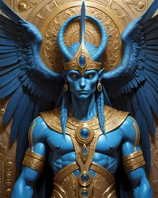 Prompt: Ancient Annunaki alien beings, sumerian giants, Artgerm style, fantasy art, detailed oil painting, high resolution, fantasy, intricate details, blue skin aliens with gold adornmnents, full body, eagle head,nephilim, feline head, alien head fierce expression, elegant pose, professional, dramatic lighting, light sceptres with intricate design, fantasy landscape, vibrant colors, high-quality art, intricate brushwork