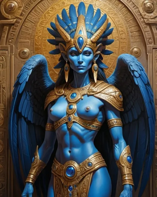 Prompt: Ancient Annunaki alien beings, sumerian giants, Artgerm style, fantasy art, detailed oil painting, high resolution, fantasy, intricate details, blue skin aliens with gold adornmnents, full body, eagle head,nephilim, feline head, alien head fierce expression, elegant pose, professional, dramatic lighting, light sceptres with intricate design, fantasy landscape, vibrant colors, high-quality art, intricate brushwork