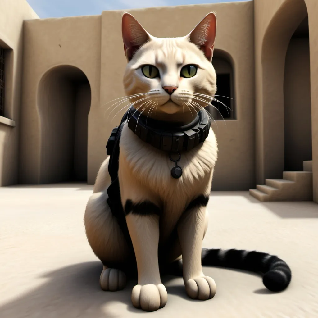 Prompt: make a cat look like hes in the game counter strike 2 for my thumbnail in the map dust 2