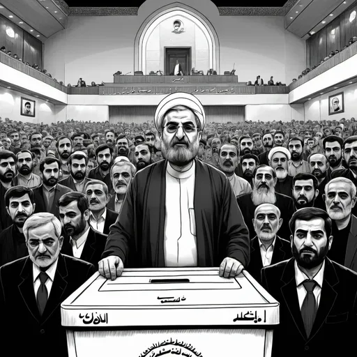 Prompt: Political cartoon depicting the Iranian Parliament election boycott, black and white sketch, solemn atmosphere, powerful imagery, impactful visual storytelling, detailed facial expressions, high contrast, dramatic lighting, ink drawing, powerful symbolism, emotional depth, impactful composition, no voter turnout, monochrome, intense emotions, symbolic imagery, boycott message, traditional art style, impactful, powerful storytelling