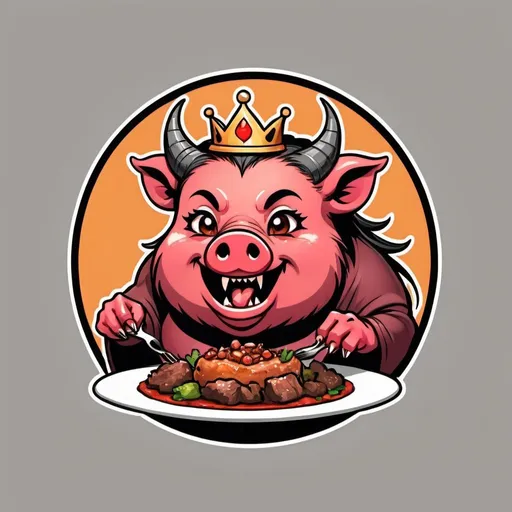 Prompt: a hungry female demon boar who love to eat food, cute, princess , logo