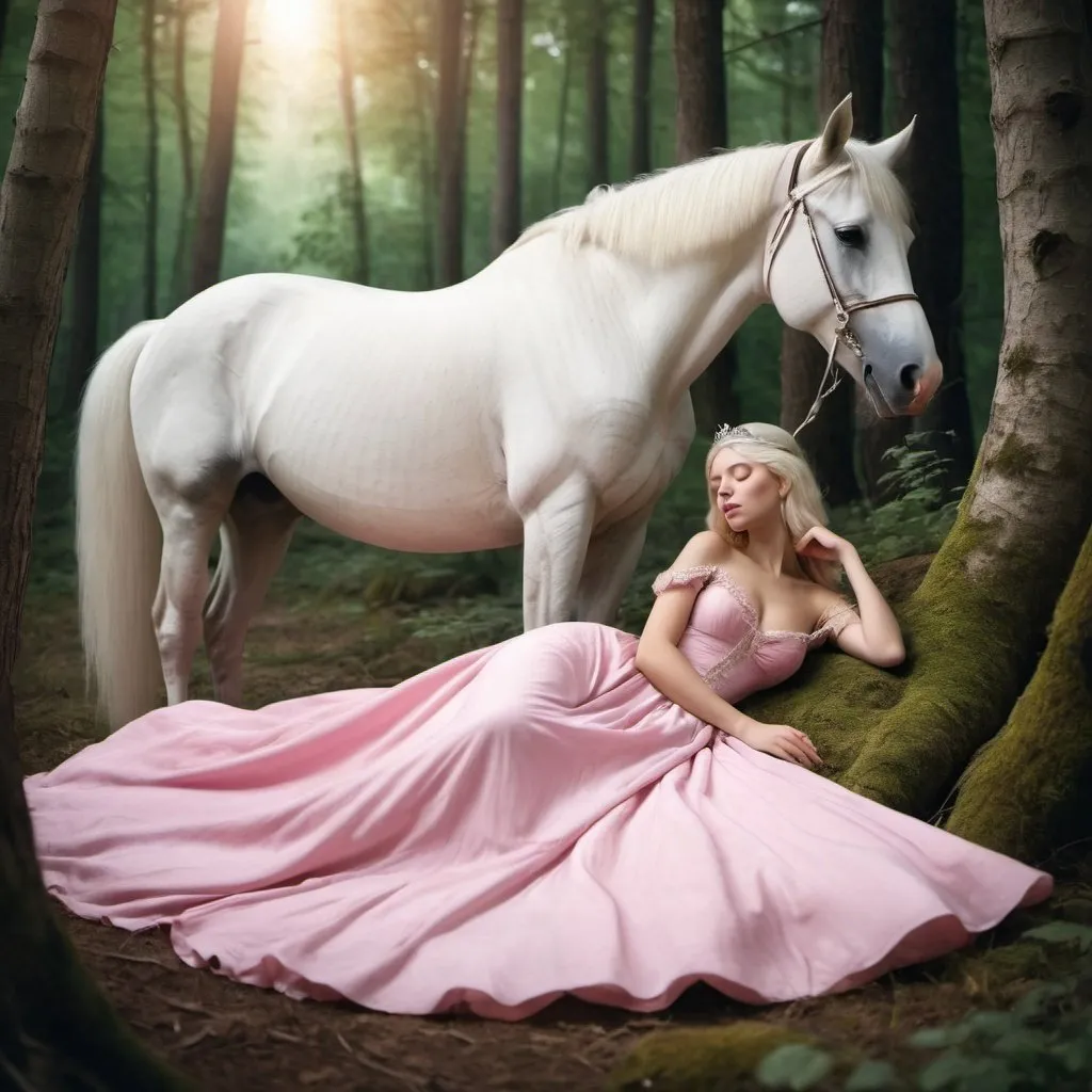 Prompt: Princess with a long pink dress sleeping in the forest with her white horse