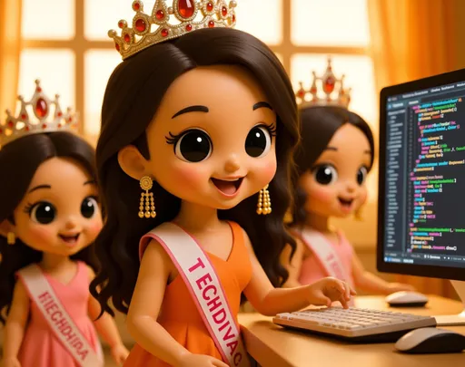 Prompt:  Warm, friendly mother @LEMJvxrNvOovbcCDdSVt wearing a sparkly pageant crown and sash which has text TECHDIVA written on it in pink, sitting at computer with code on screen, two very young daughters watching admiringly, bright colorful room, children's book illustration style, digital art, warm lighting. The code on computer screen should be visible to reader, and there maybe a mouse and keyboard on the desk.