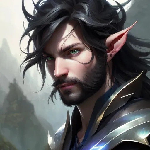 Prompt: A portrait of a male half-elf with long, straight black hair, a trim beard, with green eyes, and large, silver dragon wings by makoto shinkai, stanley artgerm lau, wlop, rossdraws, concept art, digital painting, looking into camera.